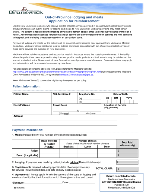 Out-Of-Province Lodging and Meals Application for Reimbursement - New Brunswick, Canada Download Pdf