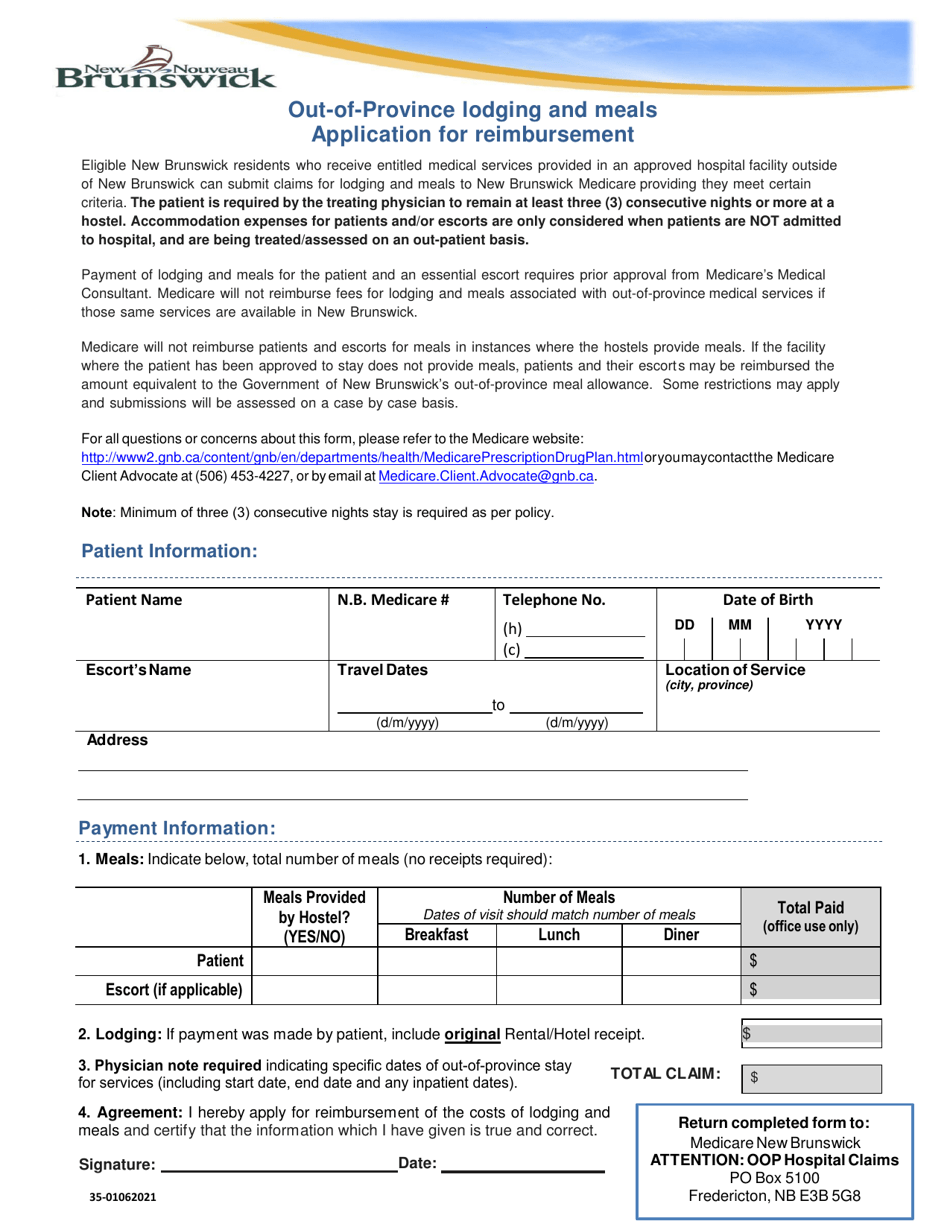 Out-Of-Province Lodging and Meals Application for Reimbursement - New Brunswick, Canada, Page 1