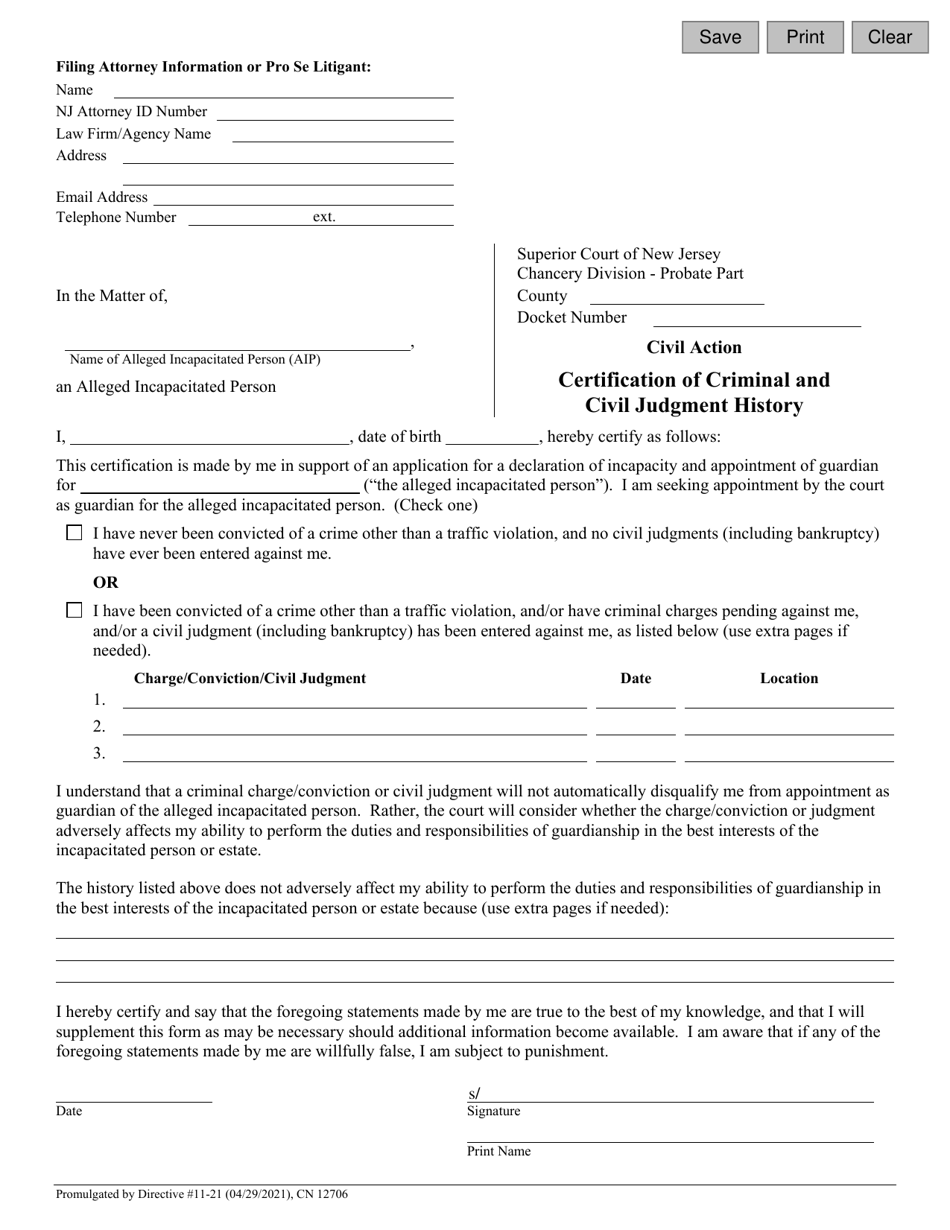 Form 12706 Certification of Criminal and Civil Judgment History - New Jersey, Page 1