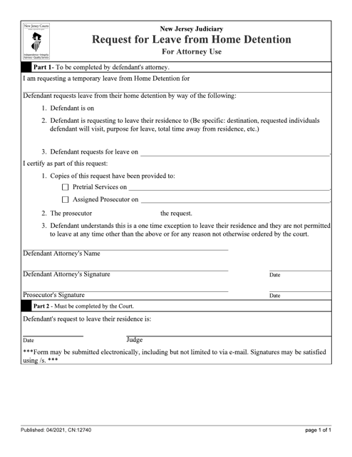 Form 12740 Request for Leave From Home Detention - New Jersey