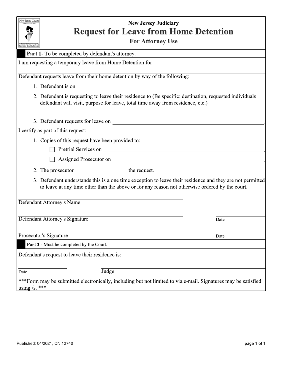 Form 12740 Request for Leave From Home Detention - New Jersey, Page 1
