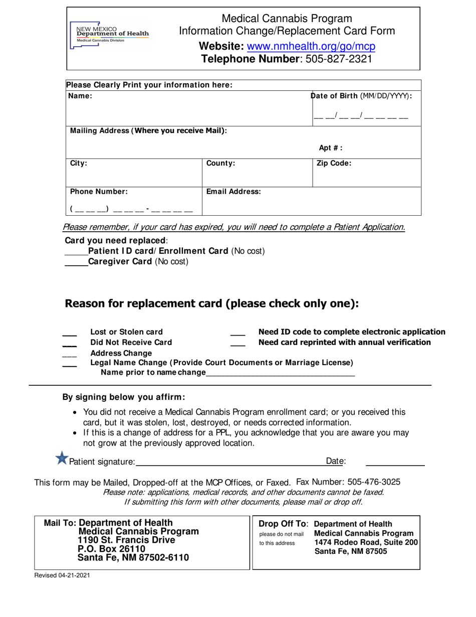 Information Change / Replacement Card Form - Medical Cannabis Program - New Mexico, Page 1