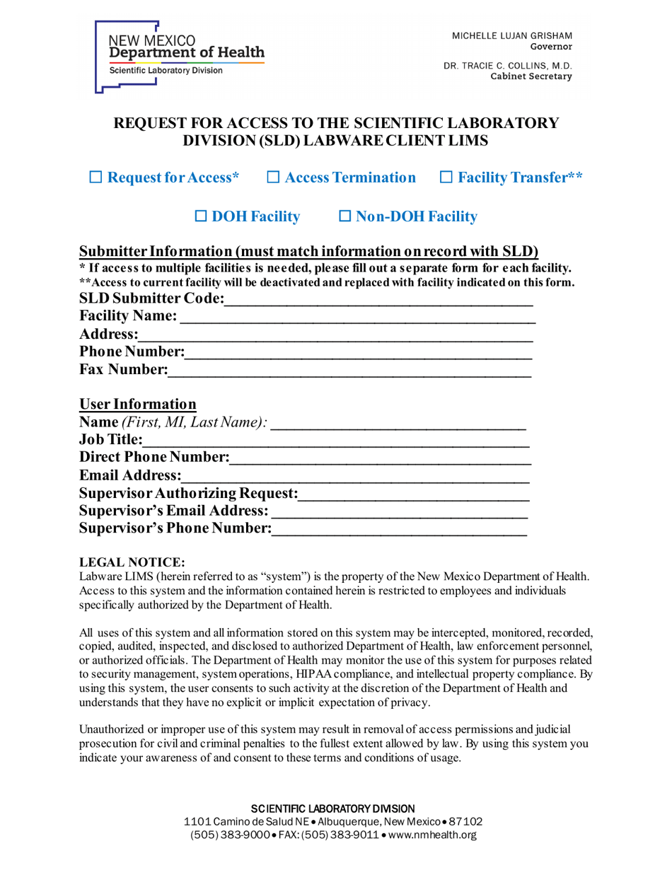 Request for Access to the Scientific Laboratory Division (Sld) Labware Client Lims - New Mexico, Page 1