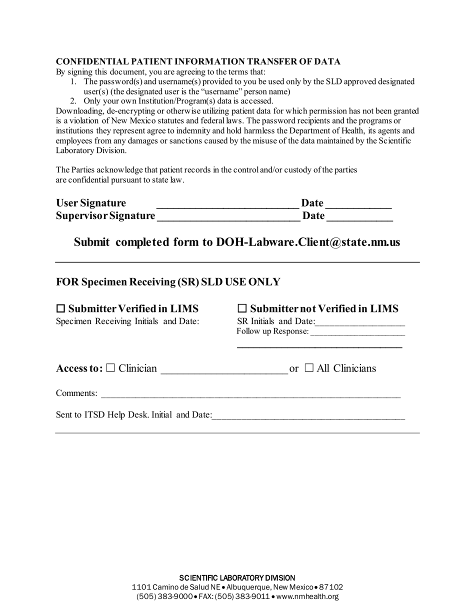 Request for Access to the Scientific Laboratory Division (Sld) Labware Client Lims - New Mexico, Page 2