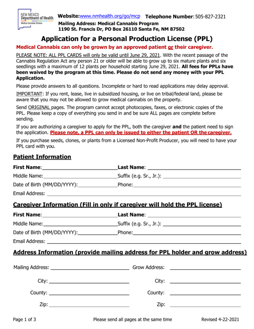 Application for a Personal Production License (Ppl) - New Mexico Download Pdf