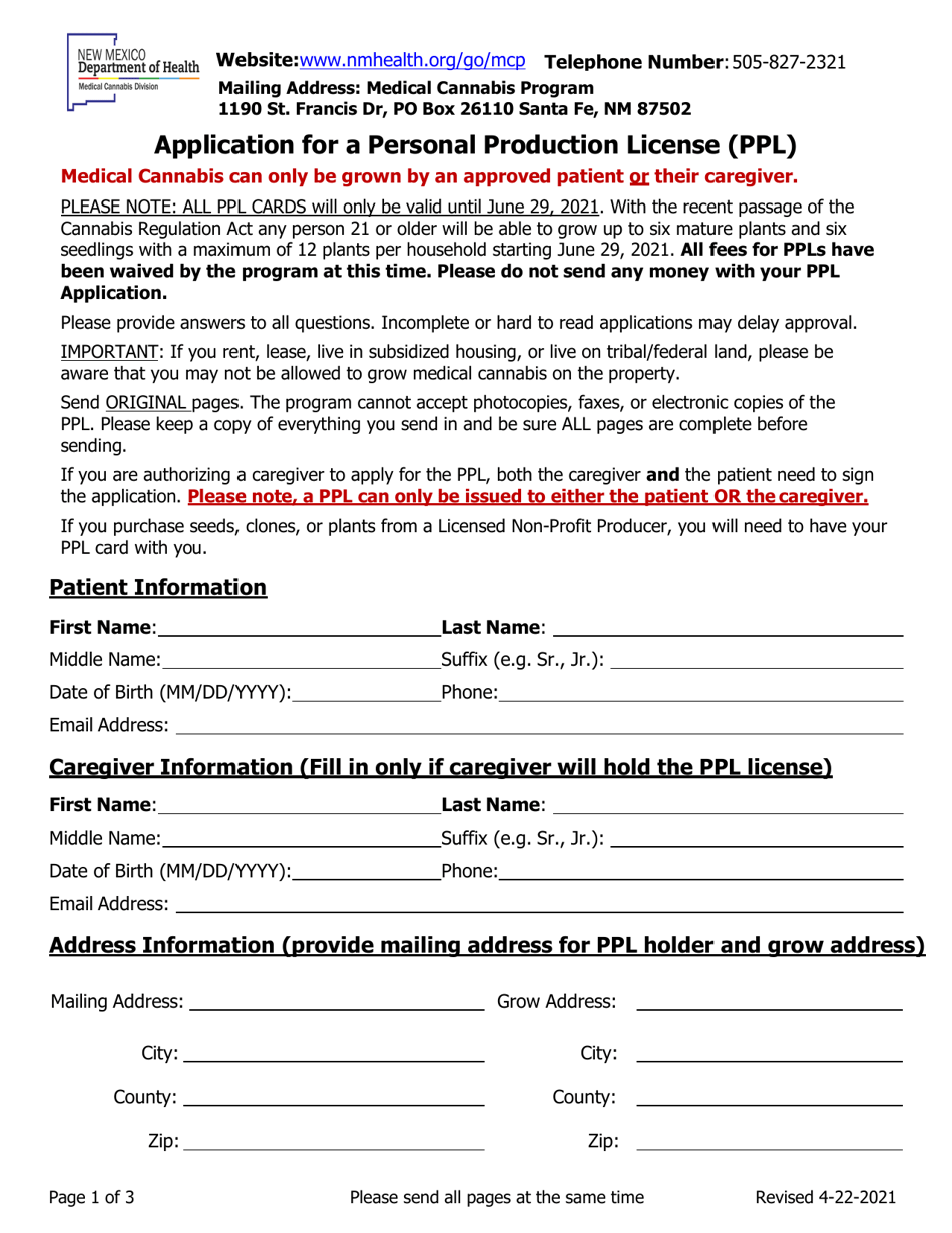 Application for a Personal Production License (Ppl) - New Mexico, Page 1