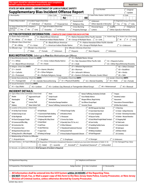 Form UCR-BI1 Supplementary Bias Incident Offense Report - New Jersey