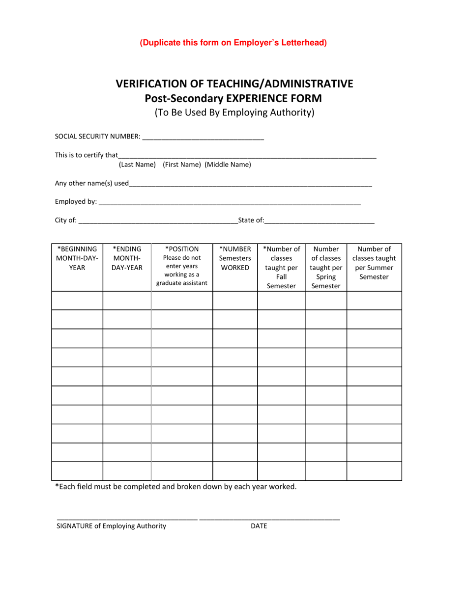 Verification of Teaching / Administrative Post-secondary Experience Form - New Mexico, Page 1