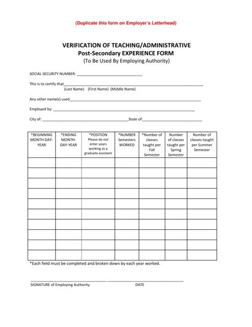 Verification of Teaching / Administrative Post-secondary Experience Form - New Mexico Download Pdf