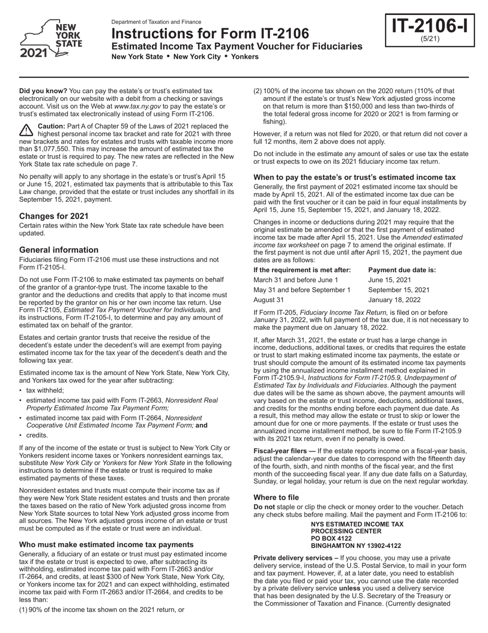 Instructions for Form IT-2106 Estimated Income Tax Payment Voucher for Fiduciaries - New York, Page 1