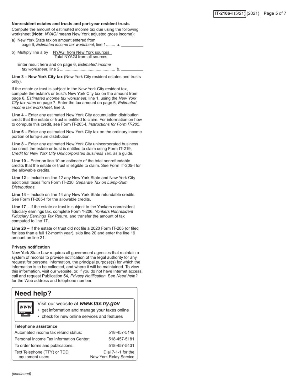 Instructions for Form IT-2106 Estimated Income Tax Payment Voucher for Fiduciaries - New York, Page 5