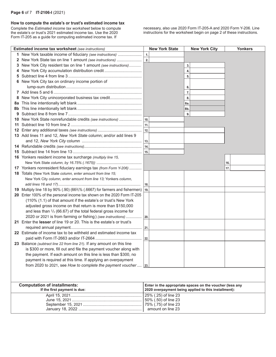 Instructions for Form IT-2106 Estimated Income Tax Payment Voucher for Fiduciaries - New York, Page 6