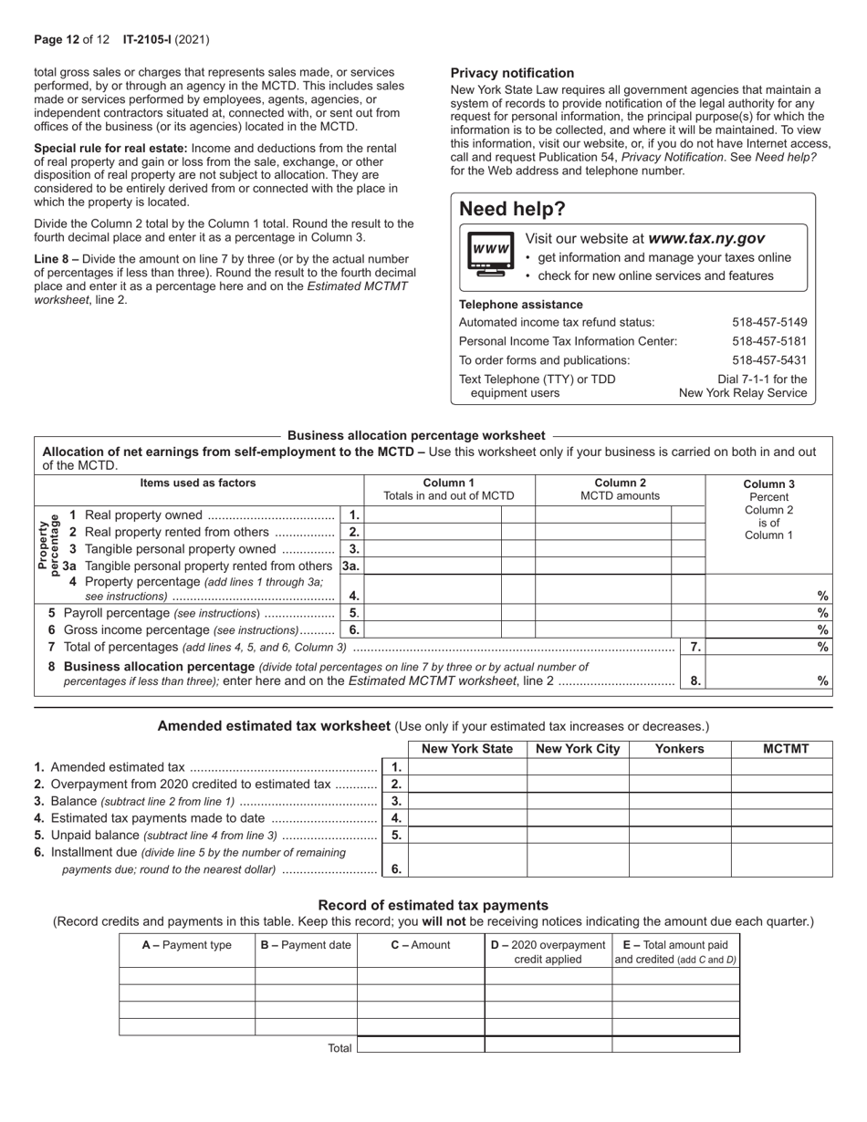 Instructions for Form IT-2105 Estimated Tax Payment Voucher for Individuals - New York, Page 12