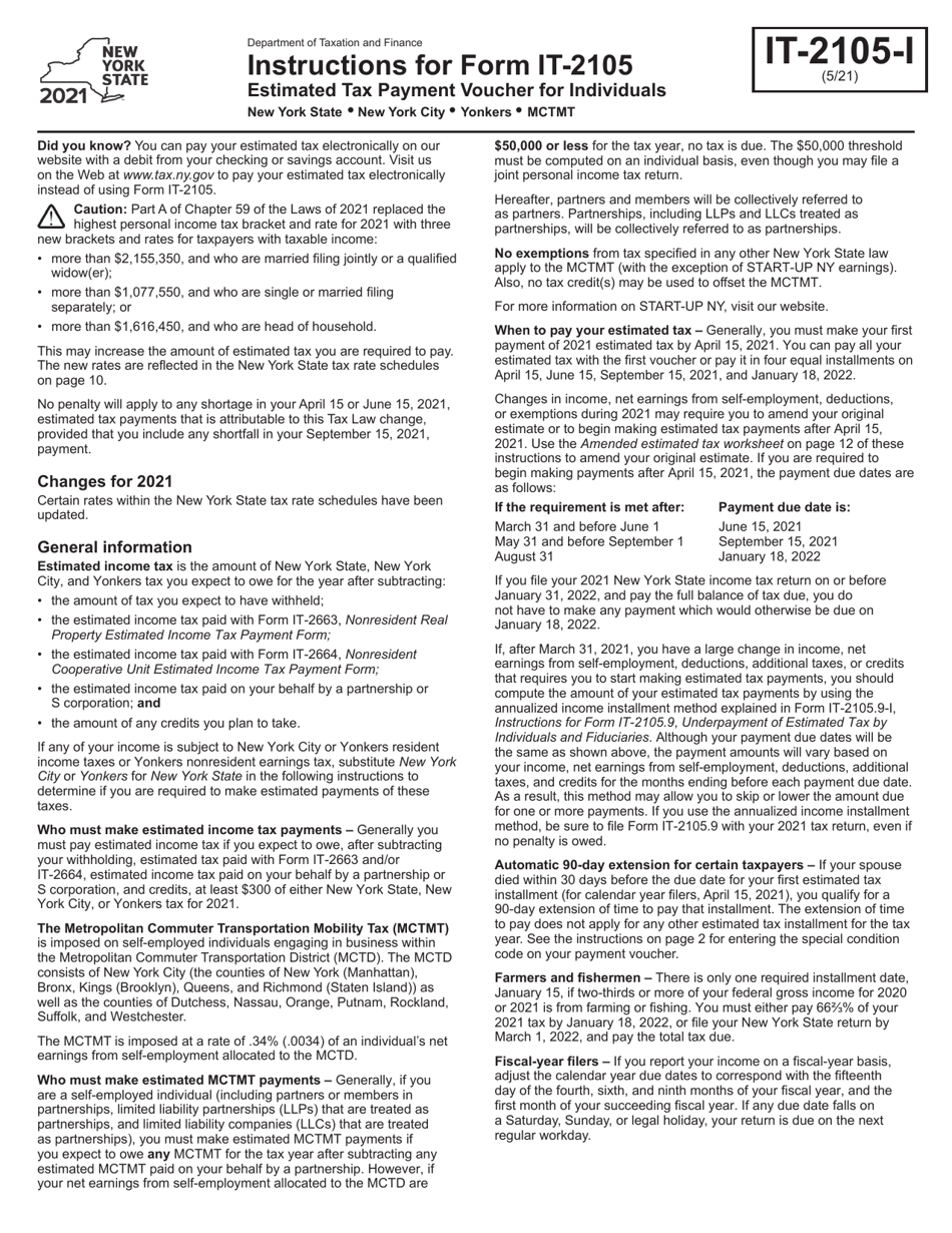 Instructions for Form IT-2105 Estimated Tax Payment Voucher for Individuals - New York, Page 1