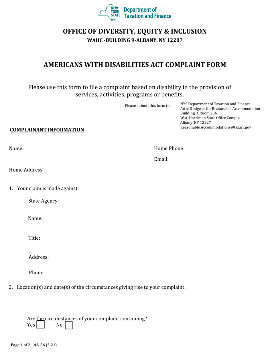 Form AA-56 Americans With Disabilities Act Complaint Form - New York, Page 1