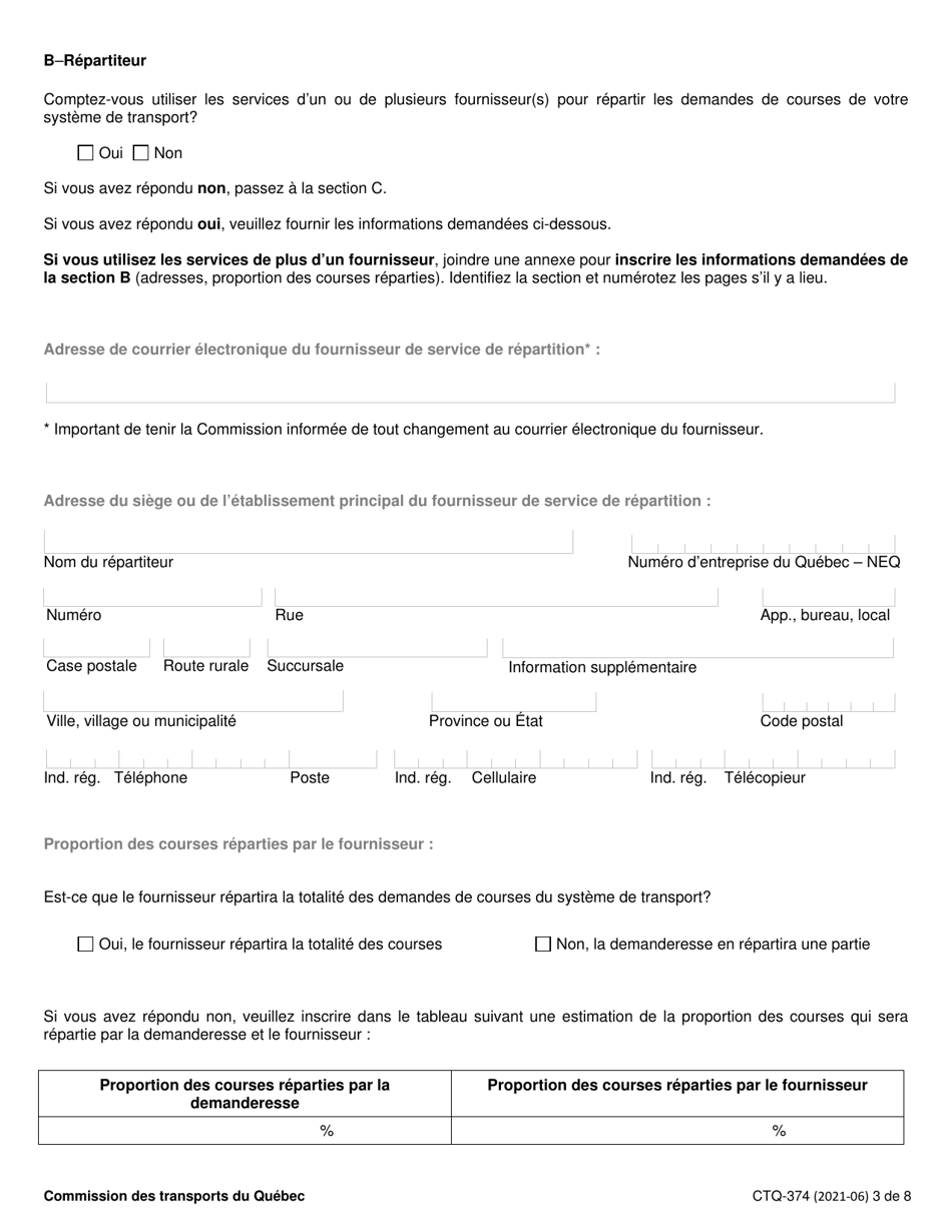Forme CTQ-374 Autorisation Dexploiter Un Systeme De Transport - Quebec, Canada (French), Page 3