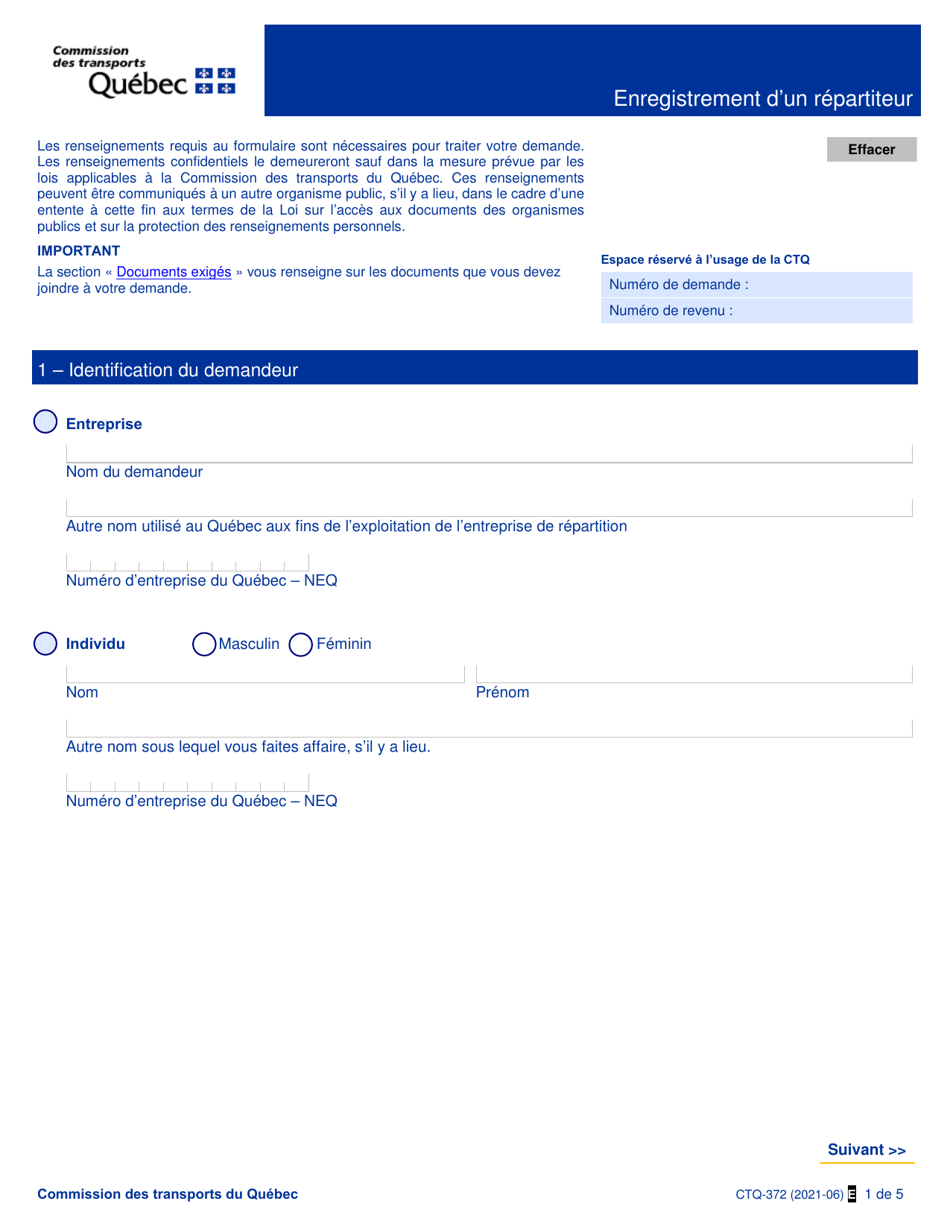 Forme CTQ-372 Enregistrement Dun Repartiteur - Quebec, Canada (French), Page 1
