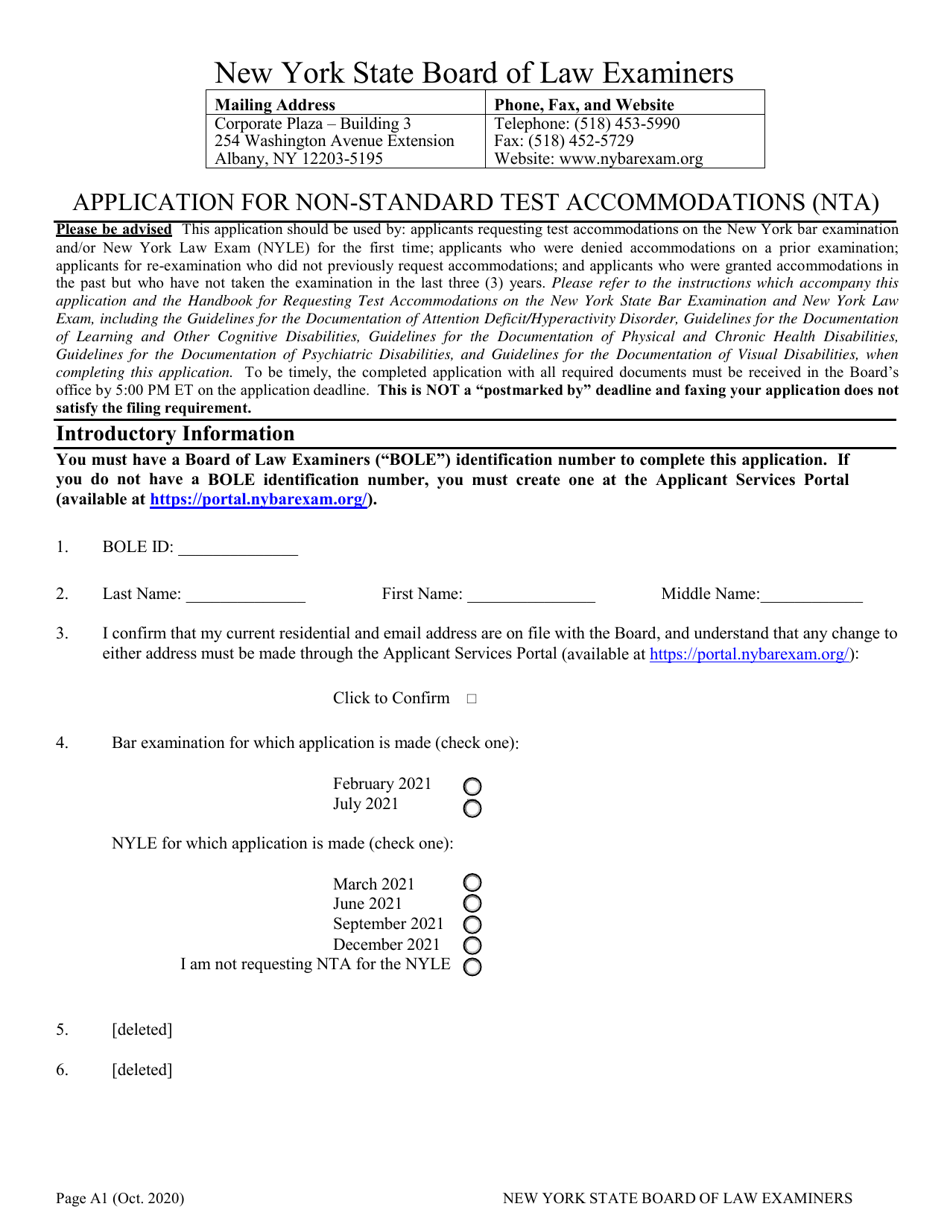 Application for Non-standard Test Accommodations (Nta) - New York, Page 1