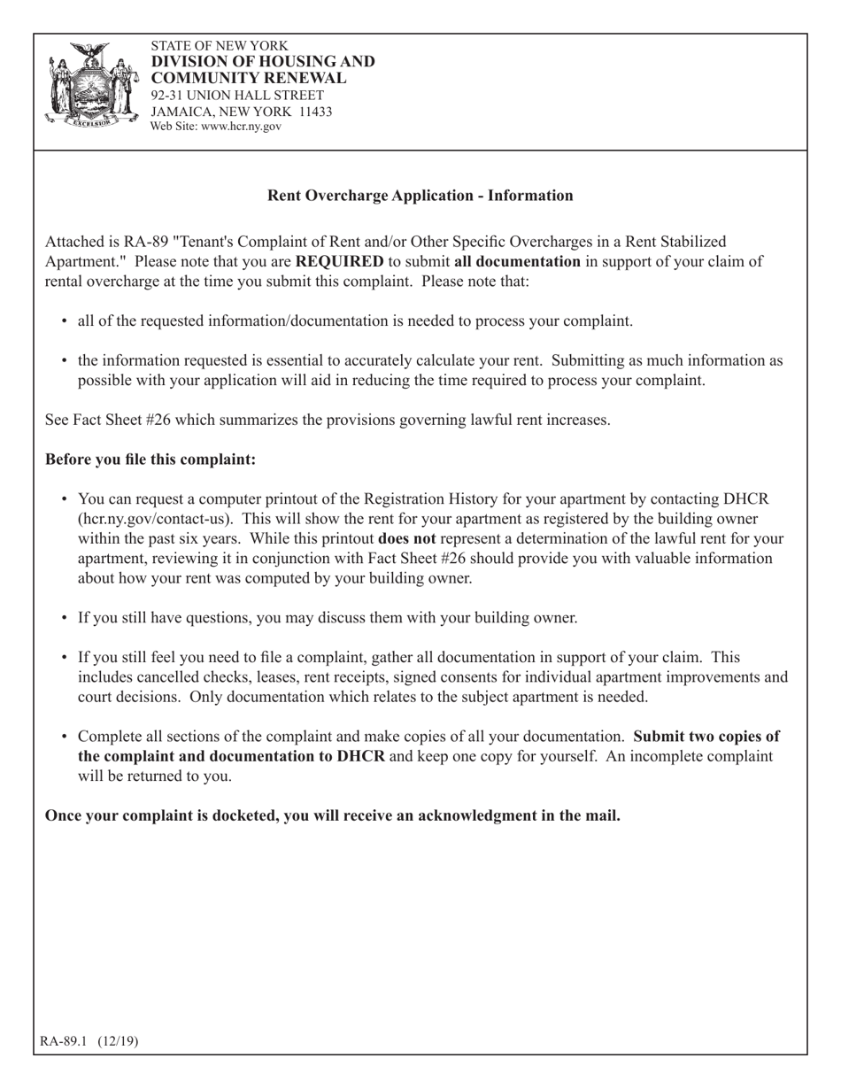 Form RA-89 Tenants Complaint of Rent and / or Other Specific Overcharges in a Rent Stabilized Apartment - New York, Page 1