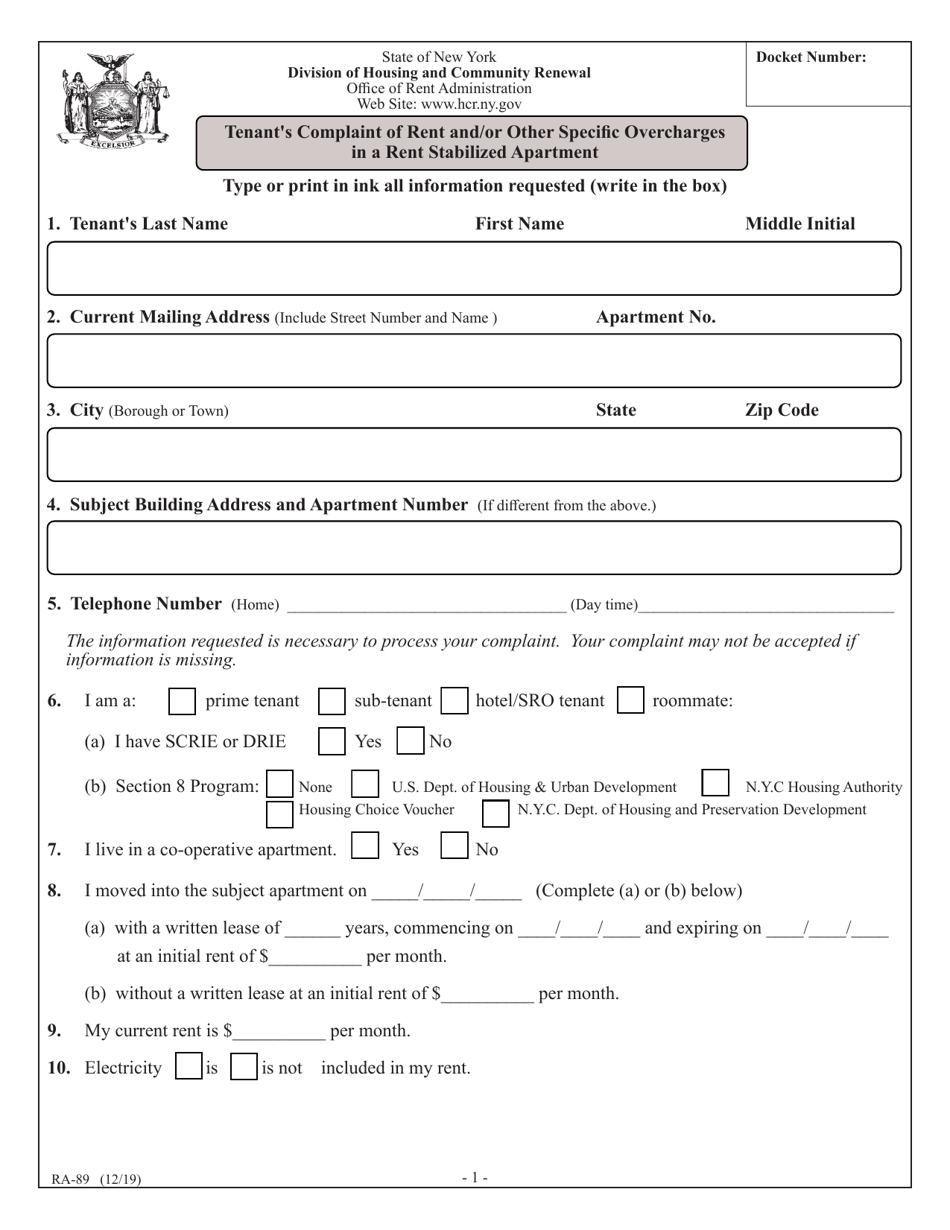 Form RA-89 Tenants Complaint of Rent and / or Other Specific Overcharges in a Rent Stabilized Apartment - New York, Page 3
