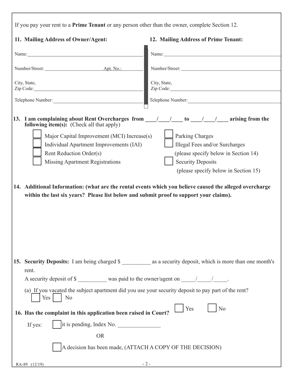 Form RA-89 Tenants Complaint of Rent and / or Other Specific Overcharges in a Rent Stabilized Apartment - New York, Page 4