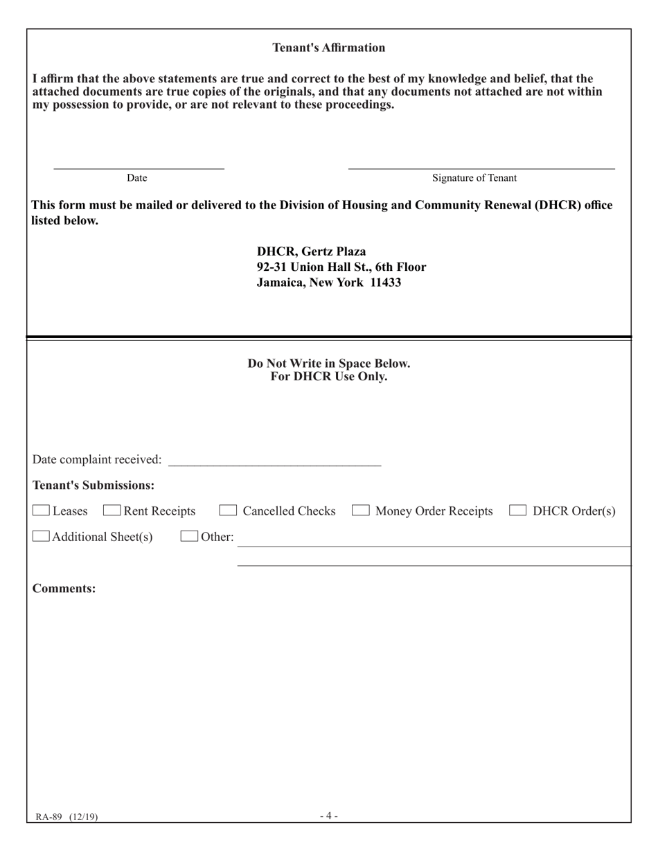 Form RA-89 Tenants Complaint of Rent and / or Other Specific Overcharges in a Rent Stabilized Apartment - New York, Page 6