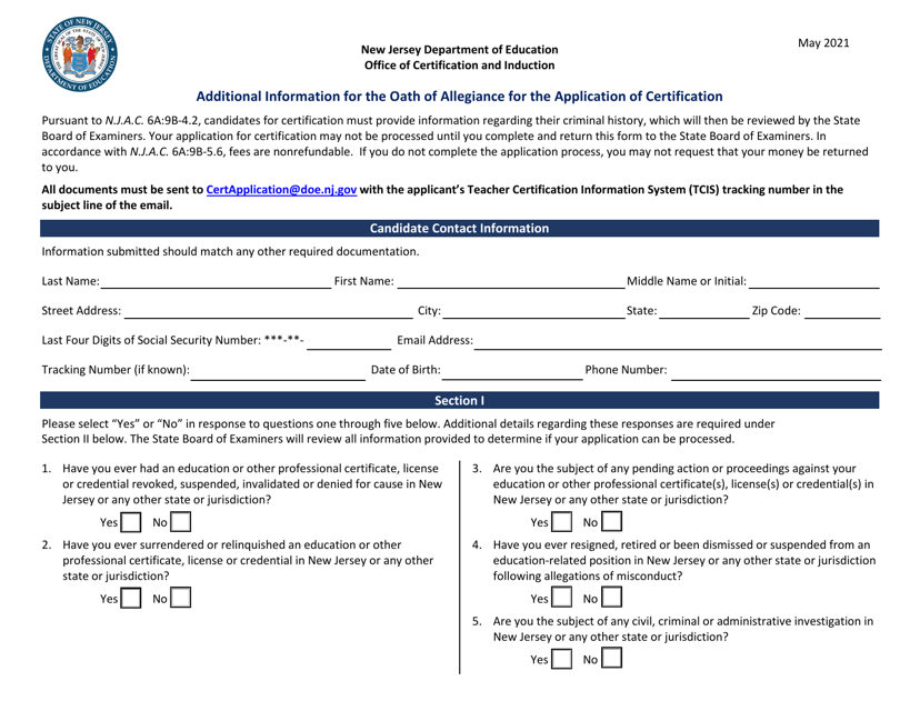 Additional Information for the Oath of Allegiance for the Application of Certification - New Jersey Download Pdf