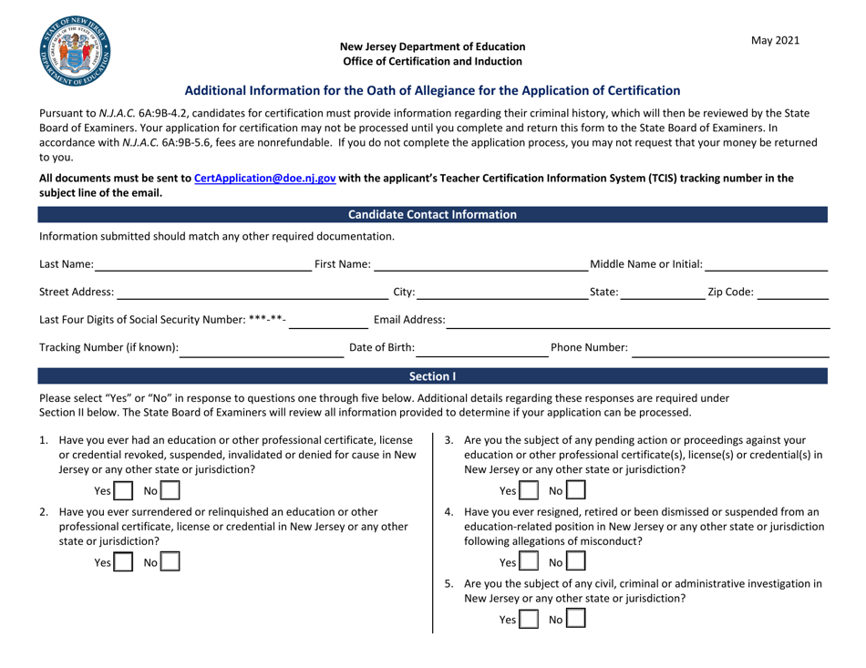 Additional Information for the Oath of Allegiance for the Application of Certification - New Jersey, Page 1