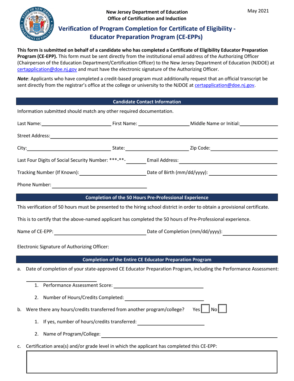 Verification of Program Completion for Certificate of Eligibility - Educator Preparation Program (Ce-Epps) - New Jersey, Page 1