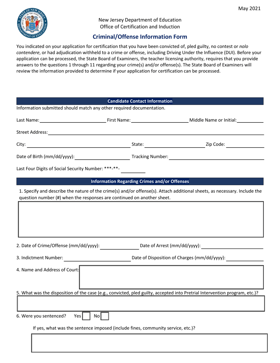 Criminal / Offense Information Form - New Jersey, Page 1