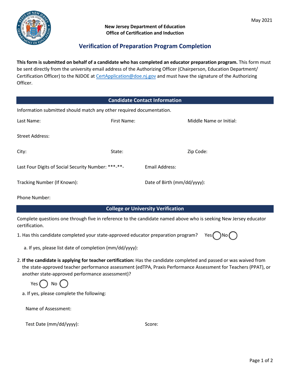 Verification of Preparation Program Completion - New Jersey, Page 1