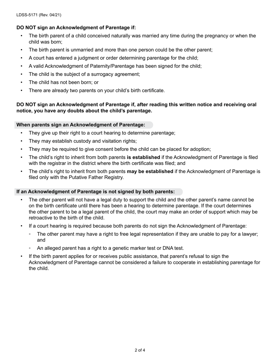 Form LDSS-5171 Acknowledgment of Parentage - New York, Page 2