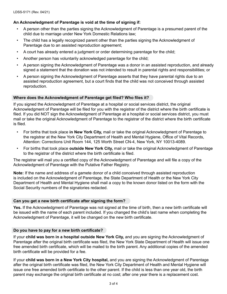 Form LDSS-5171 Acknowledgment of Parentage - New York, Page 3