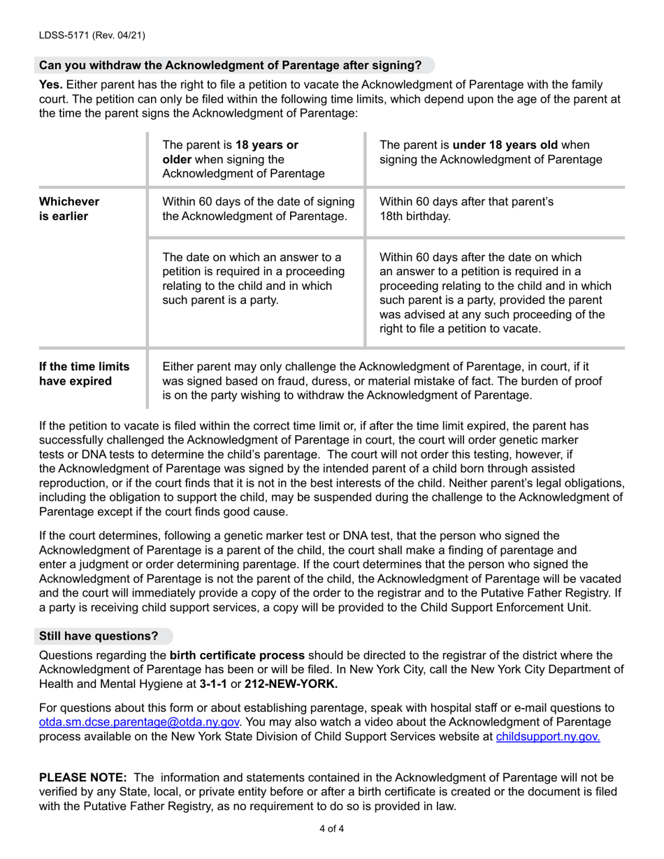 Form LDSS-5171 Acknowledgment of Parentage - New York, Page 4