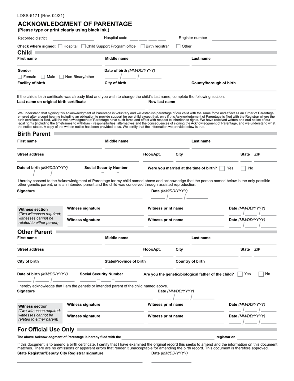 Form LDSS-5171 Download Fillable PDF or Fill Online Acknowledgment of ...