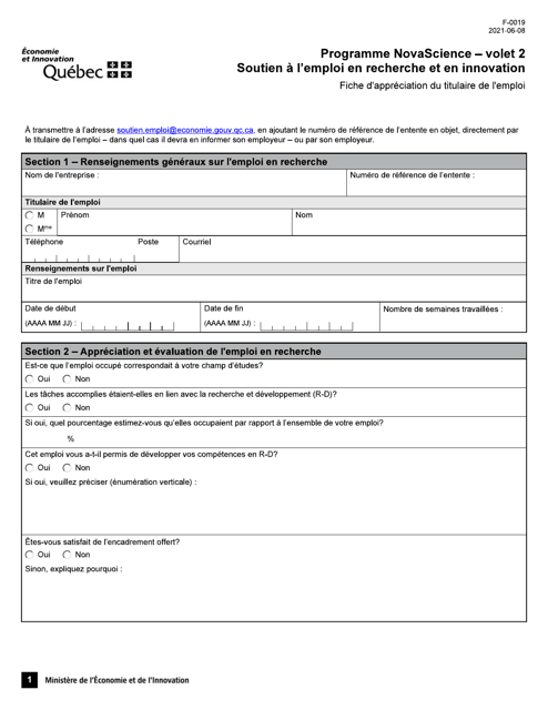 Forme F-0019 Volet 2 Fiche D'appreciation Du Titulaire De L'emploi - Soutien a L'emploi En Recherche Et En Innovation - Quebec, Canada (French)