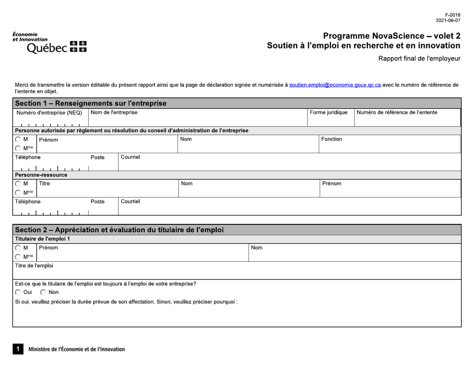 Forme F-0018 Volet 2 Rapport Final De Lemployeur - Soutien a Lemploi En Recherche Et En Innovation - Quebec, Canada (French), Page 1