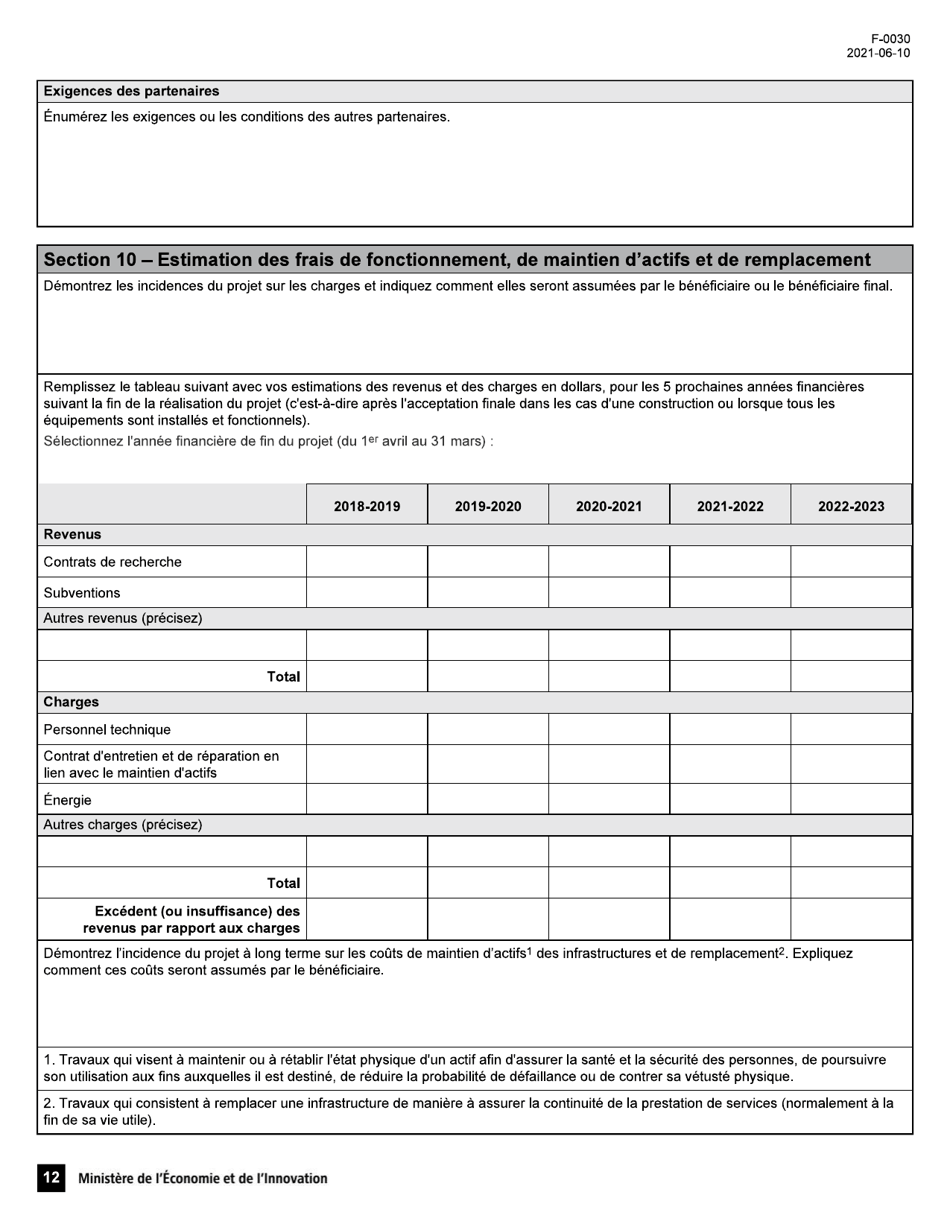 Forme F-0030 Volet 4 Formulaire De Demande - Soutien Au Financement Dinfrastructures De Recherche Et Dinnovation - Quebec, Canada (French), Page 12