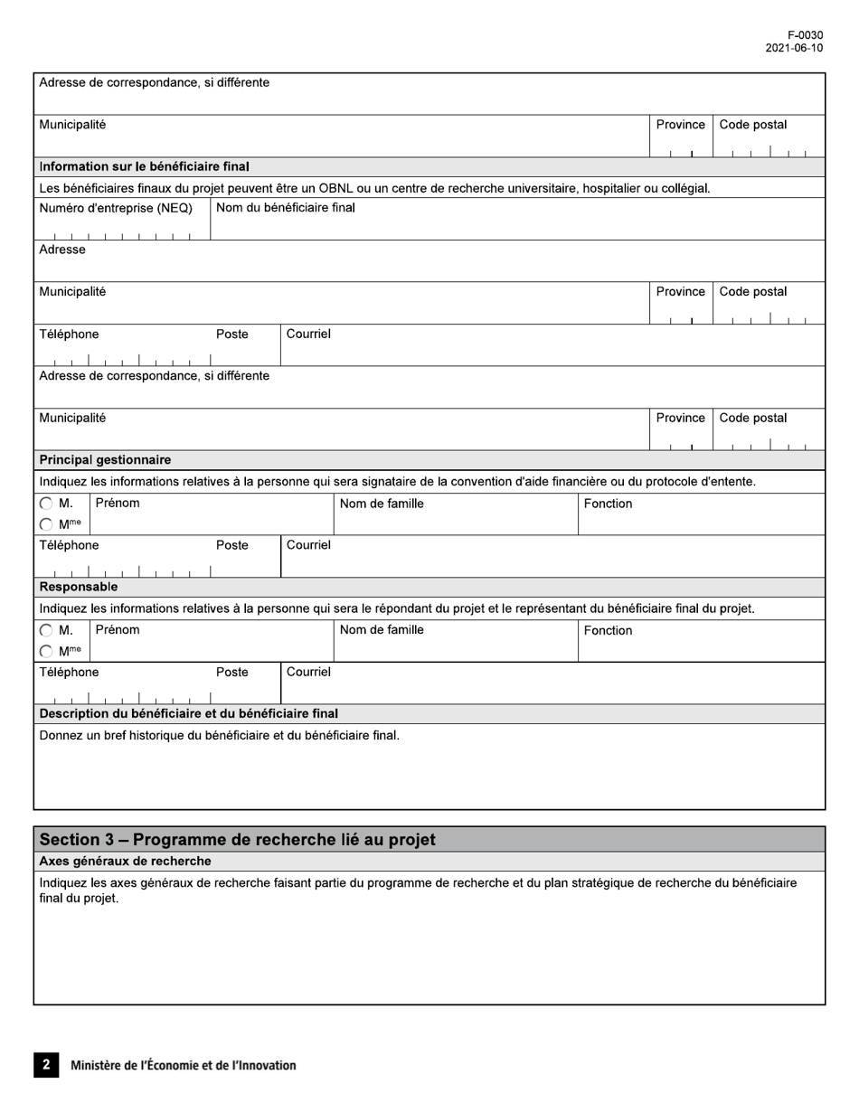 Forme F-0030 Volet 4 Formulaire De Demande - Soutien Au Financement Dinfrastructures De Recherche Et Dinnovation - Quebec, Canada (French), Page 2