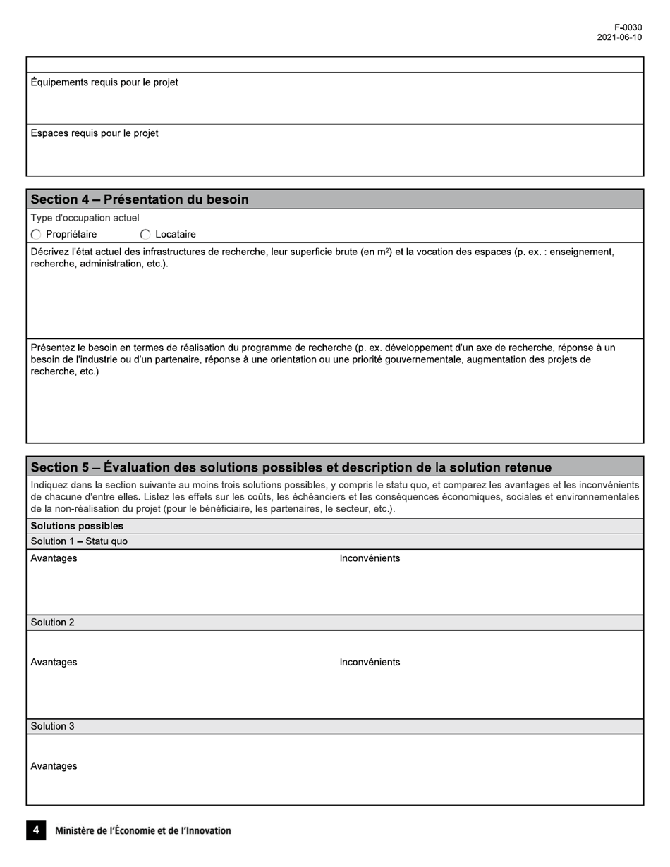 Forme F-0030 Volet 4 Formulaire De Demande - Soutien Au Financement Dinfrastructures De Recherche Et Dinnovation - Quebec, Canada (French), Page 4