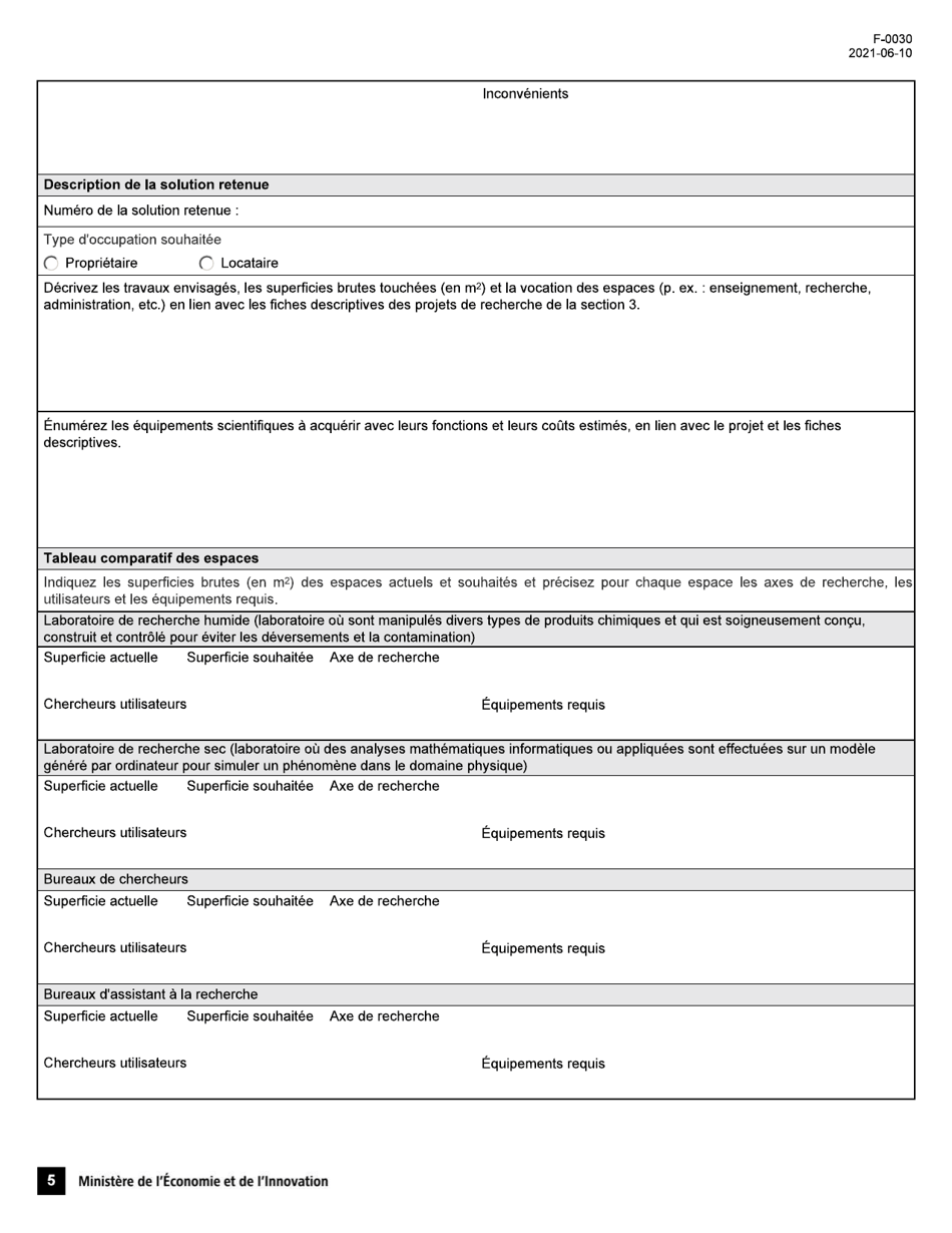 Forme F-0030 Volet 4 Formulaire De Demande - Soutien Au Financement Dinfrastructures De Recherche Et Dinnovation - Quebec, Canada (French), Page 5