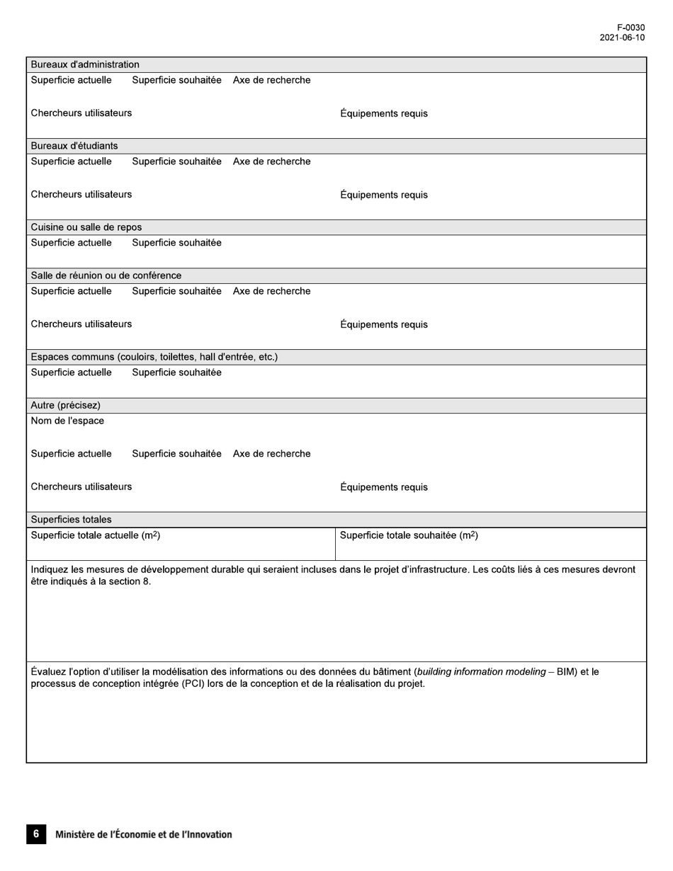 Forme F-0030 Volet 4 Formulaire De Demande - Soutien Au Financement Dinfrastructures De Recherche Et Dinnovation - Quebec, Canada (French), Page 6