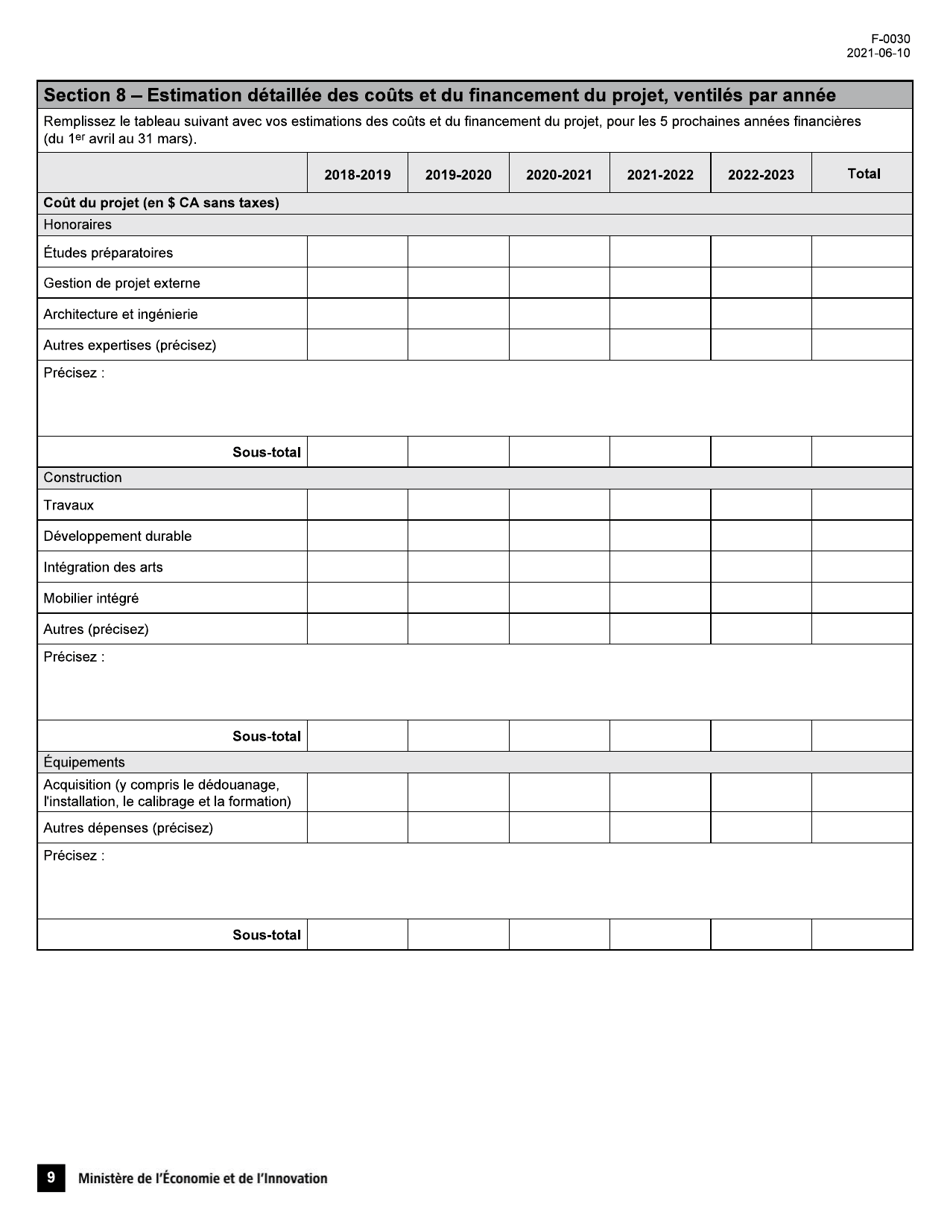 Forme F-0030 Volet 4 Formulaire De Demande - Soutien Au Financement Dinfrastructures De Recherche Et Dinnovation - Quebec, Canada (French), Page 9