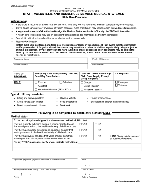 Form OCFS-6004 Staff, Volunteer, and Household Member Medical Statement - New York