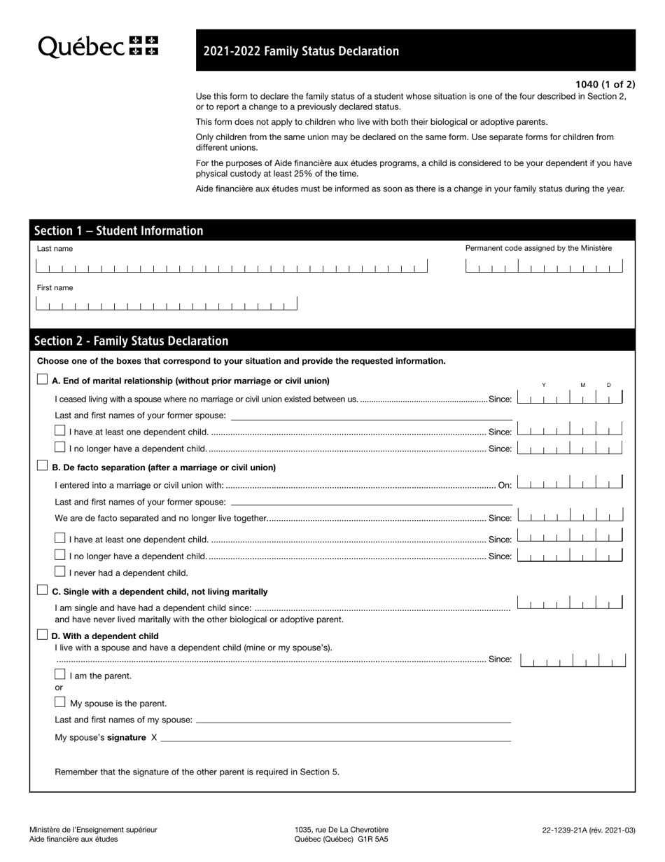 Form 1040 (22-1239-21A) Family Status Declaration - Quebec, Canada, Page 1