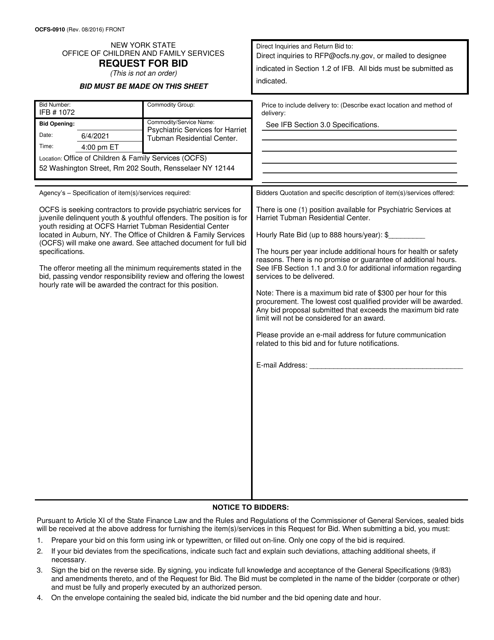 Form OCFS-0910 Request for Bid - Psychiatric Services for Harriet Tubman Residential Center - New York