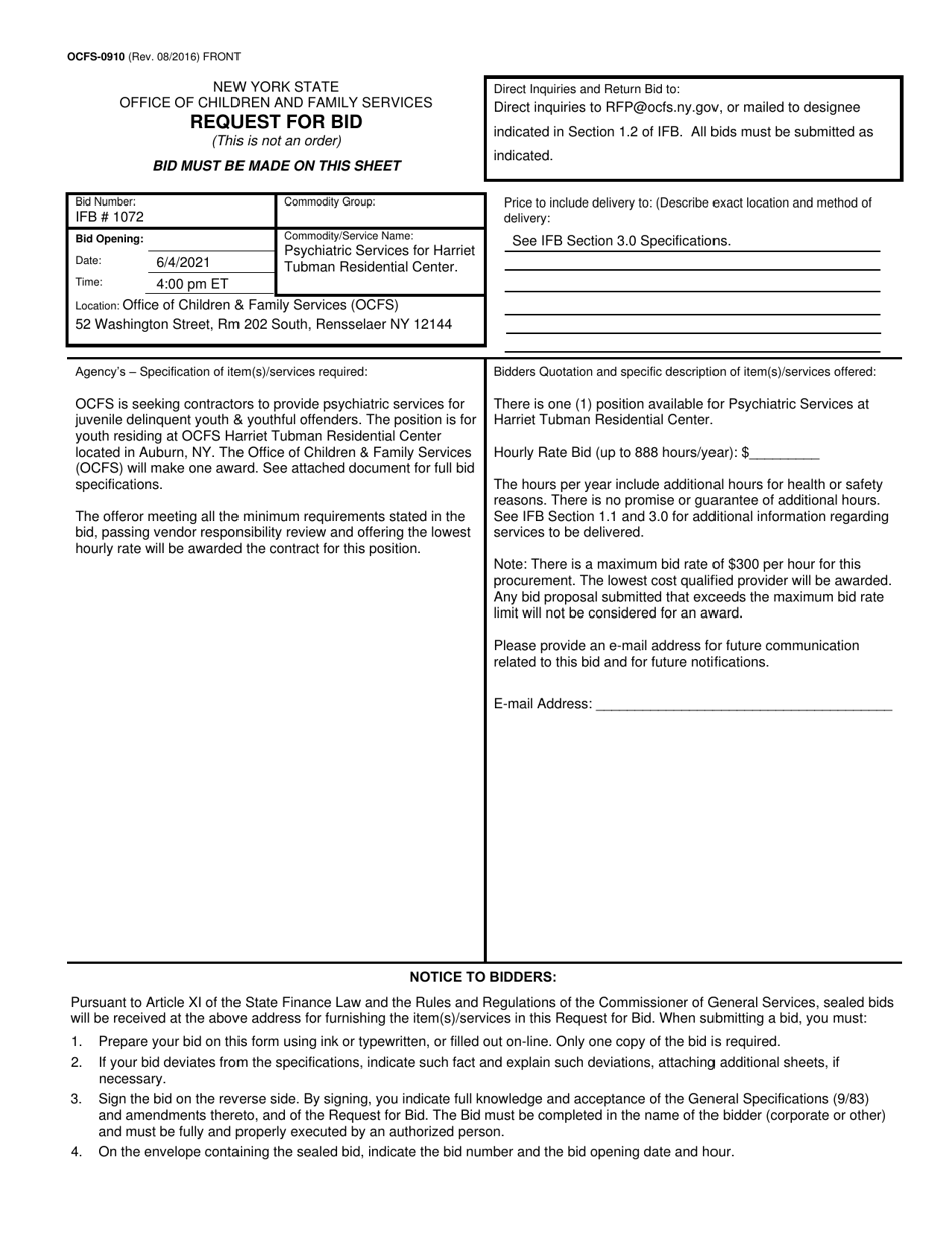 Form OCFS-0910 Request for Bid - Psychiatric Services for Harriet Tubman Residential Center - New York, Page 1