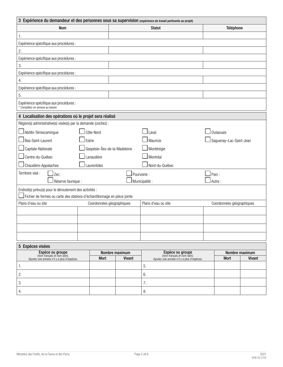 Forme W38-02-2102 Demande De Permis a DES Fins Scientifiques, Educatives Ou De Gestion De La Faune (Permis Seg) - Quebec, Canada (French), Page 2