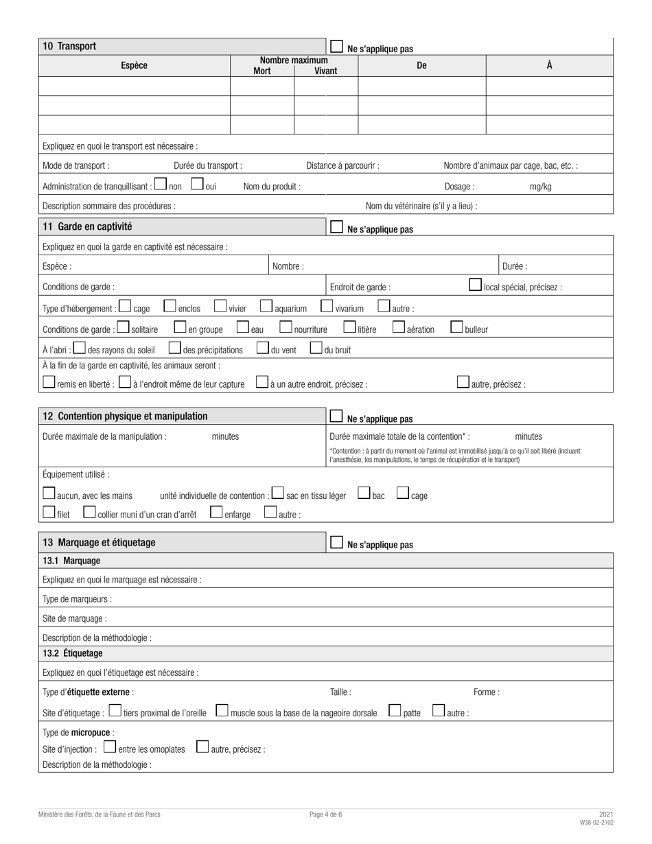 Forme W38-02-2102 Demande De Permis a DES Fins Scientifiques, Educatives Ou De Gestion De La Faune (Permis Seg) - Quebec, Canada (French), Page 4
