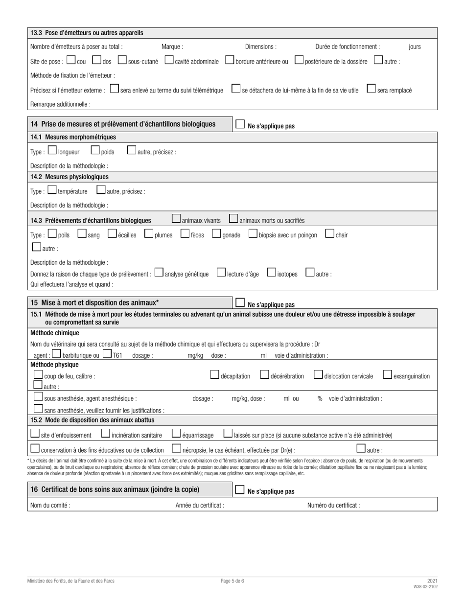 Forme W38-02-2102 Demande De Permis a DES Fins Scientifiques, Educatives Ou De Gestion De La Faune (Permis Seg) - Quebec, Canada (French), Page 5